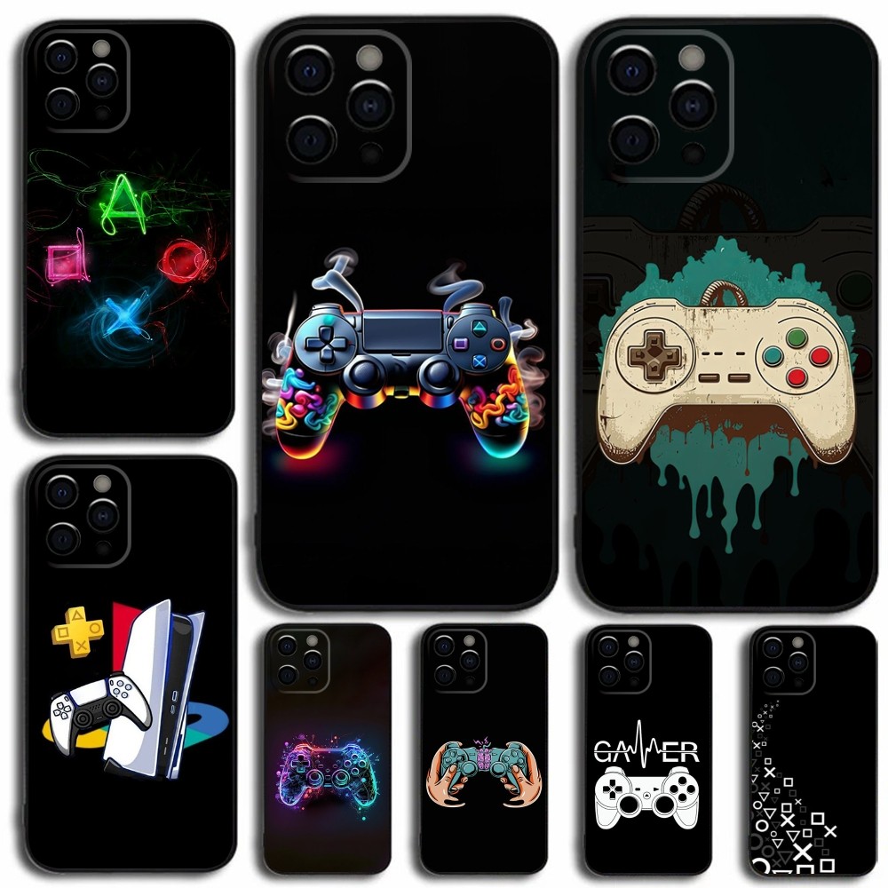 Gaming Console Mini - เกมคอนโซลGamepad Gamerเล่นเคสโทรศัพท์สําหรับiPhone 16,15,14,13,12,11,Pro,X,XS,Max,XR,Plus,mini Softปกสีดํา